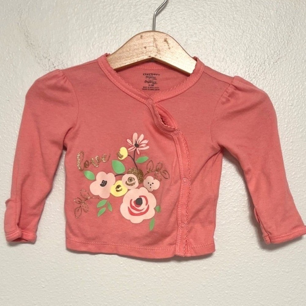 Gerber Side Snap Shirt Baby 0-3M Pink Floral Long Sleeve 100% Organic Cotton Top